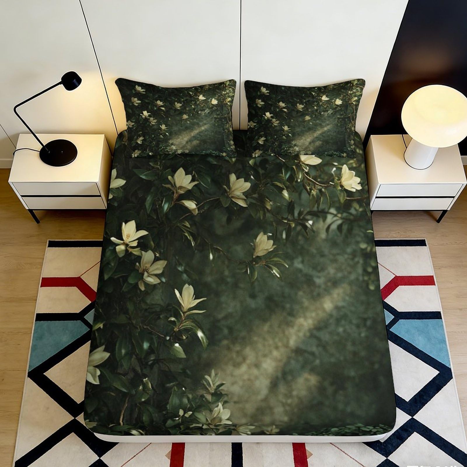 3D Printed Forest Magnolia Fitted Sheet Microfiber Non-Slip Mattress Cover Bedroom Decor Machine Washable 120x200x25cm