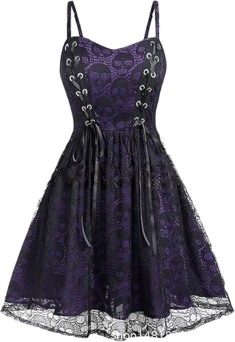 SHOPESSA Vestidos de calavera gótica para mujer, vestido sin mangas con tirantes delgados ajustables, vestido sin mangas de malla para Halloween