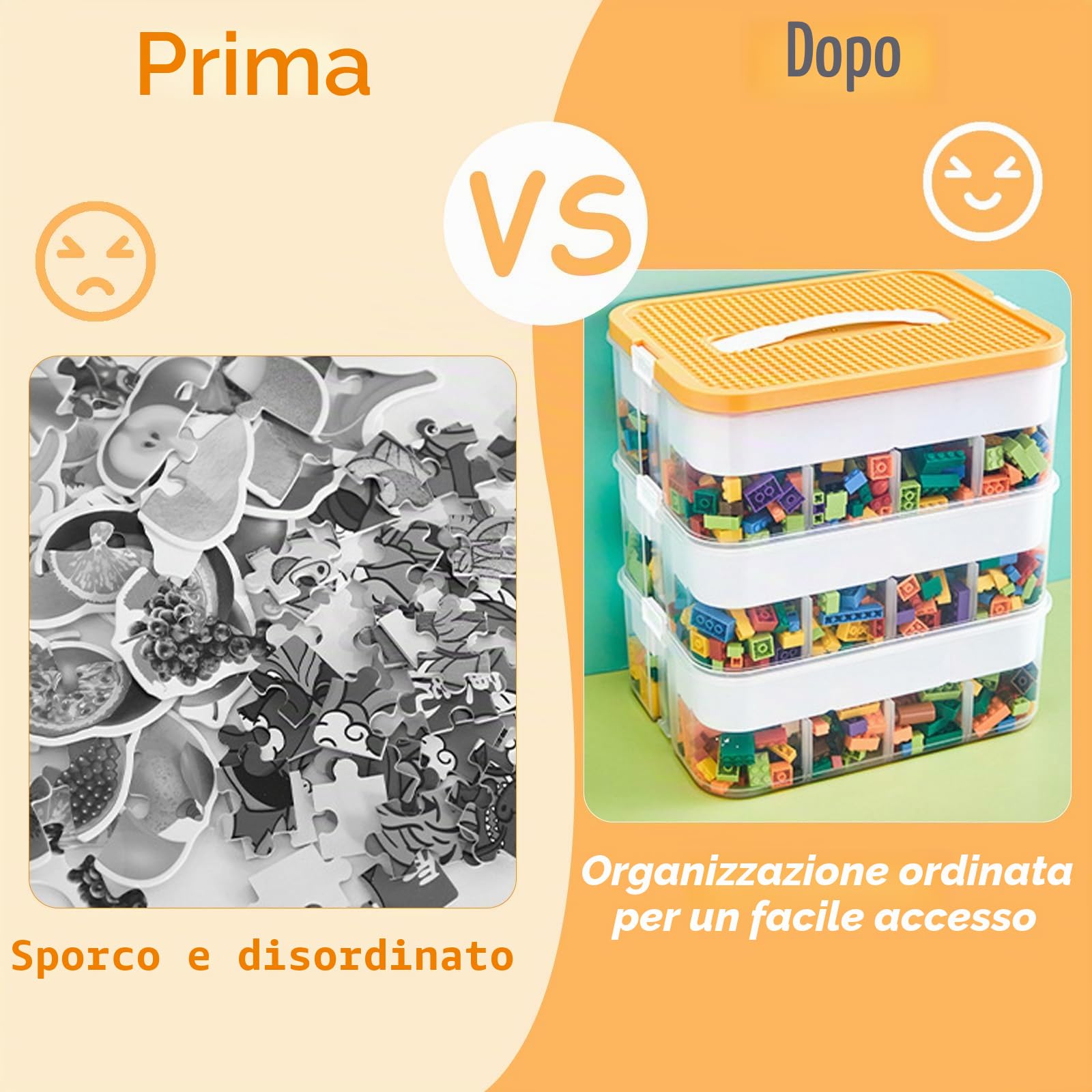 Contenitore per Giocattoli, Scatola di Immagazzinamento di Blocchi da Costruzione per Bambini con Coperchio, 3 Strati Scatole Plastica Impilabili Trasparenti con Scomparti per Riporre (Giallo)