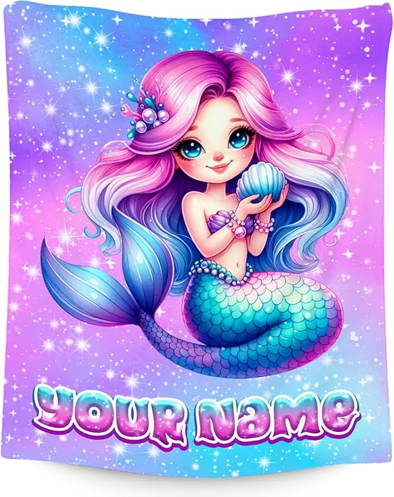 Mermaid Blanket Gifts Customized Blankets for Girls - Soft Cozy Fleece Throws for Couch, Bed 4 Sizes