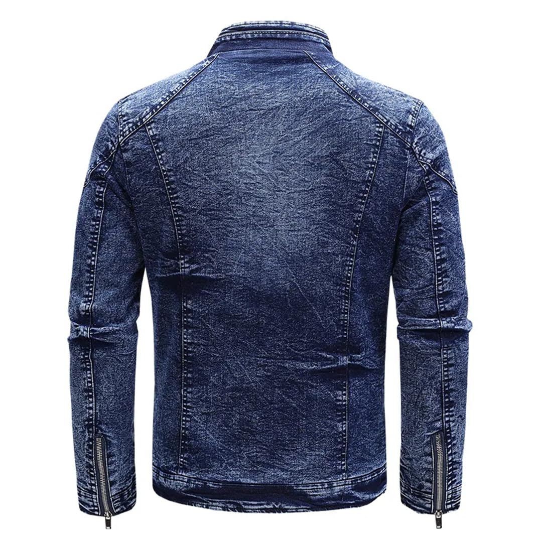Mężczyźni Retro Zamki Stojący Kołnierz Slim Fit Moto Biker Odzież Wierzchnia Motocykl Kurtka Dżinsowa