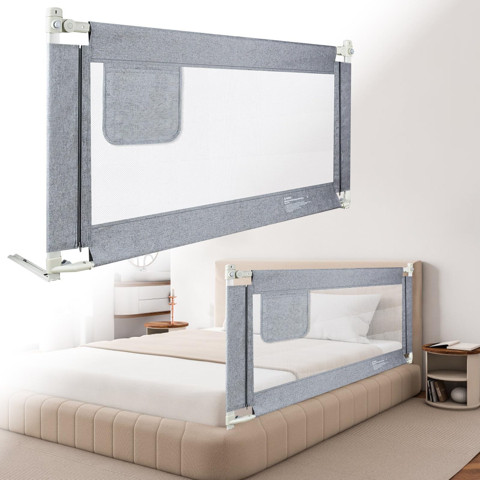 Kuro-sagol Bettgitter 200 cm Rausfallschutz, Babybett Gitter, absenkbar mit Aufbewahrungstasche, für Babybett, Kinderbett und Elternbett, universell einsetzbar