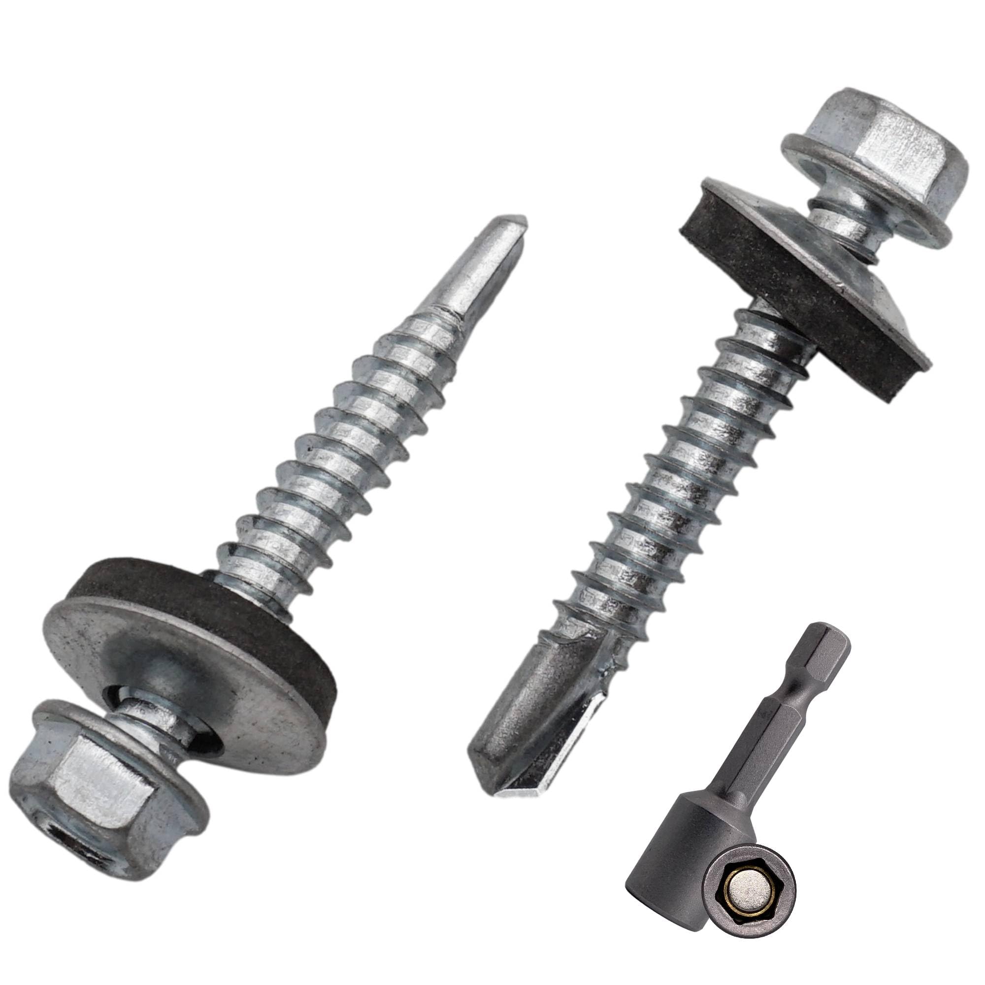SKIR'CO (100 pcs) Zinc Plated Roofing Screws 5.5 x 38 mm, Hex Head, DIN 7504-K Self-Drilling Screws with EPDM Sealing Washers