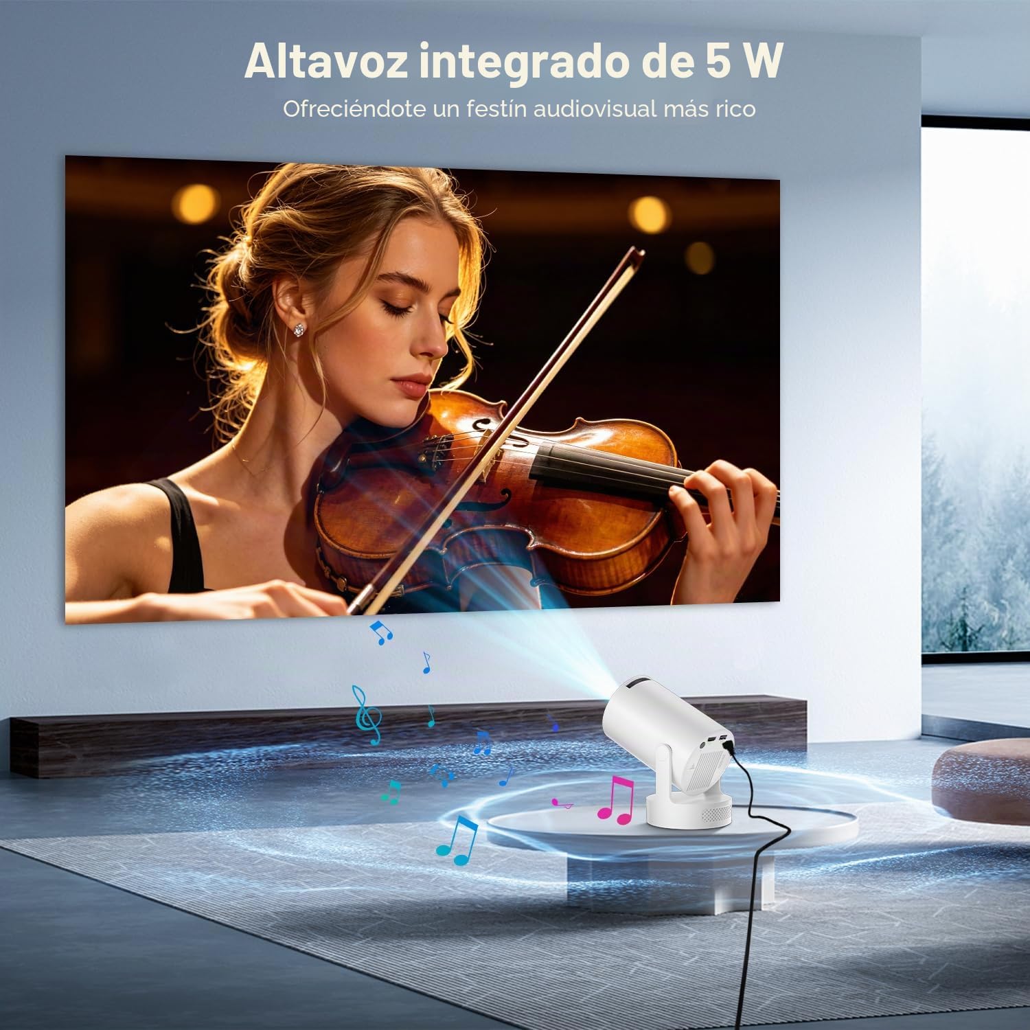 [ 2026 Upgraded & App Integrada] Salange Mini Proyector 4K 1080P Support, Proyector Inteligente Android 14, Beamer Handy pequeño para Exteriores, Altavoz de Graves de 5W, WiFi6 Bluetooth 5.4