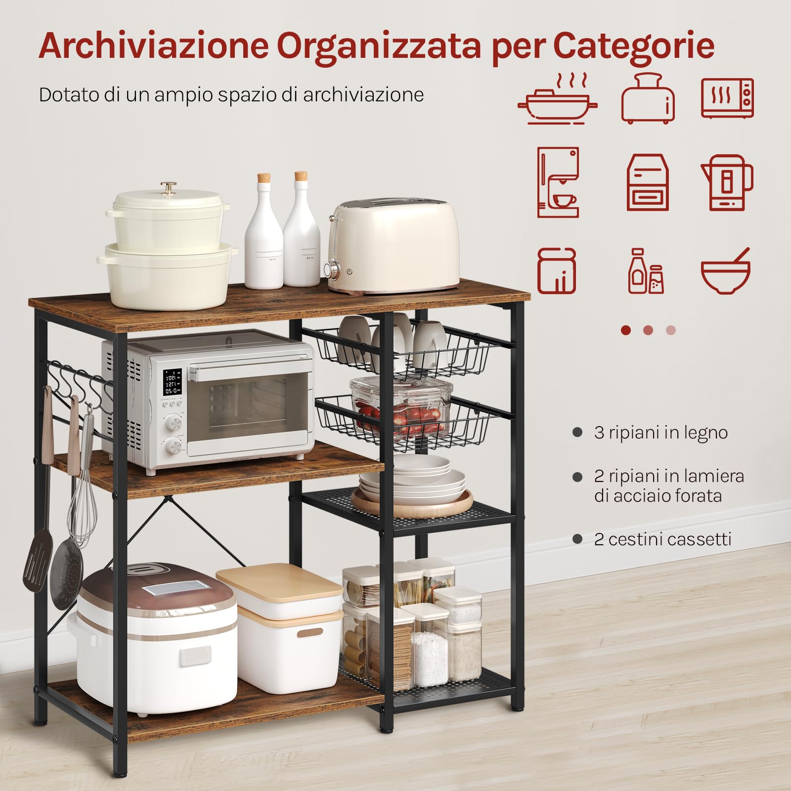 WOLTU Scaffale da Cucina con 2 Cestelli Estraibili, Supporto per Microonde con 2 Ripiani in Rete Metallica, Scaffalatura Portaoggetti con 5 Ganci, 90x40x82 cm, Marrone Rustico + Nero