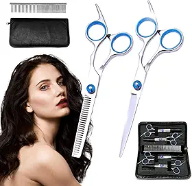 Kit Barbeiro Aço Inox, Profissional Cabeleireiro Tesouras Navalha Barbearia, Kit Tesoura Multifuncional, Conjunto de 7 Peças (Azul)