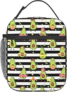 Cute Avocado Black White Stripes Lunch Bag Lunch Box Insulated Meal Bag Food Container for School Work Picnic Travel