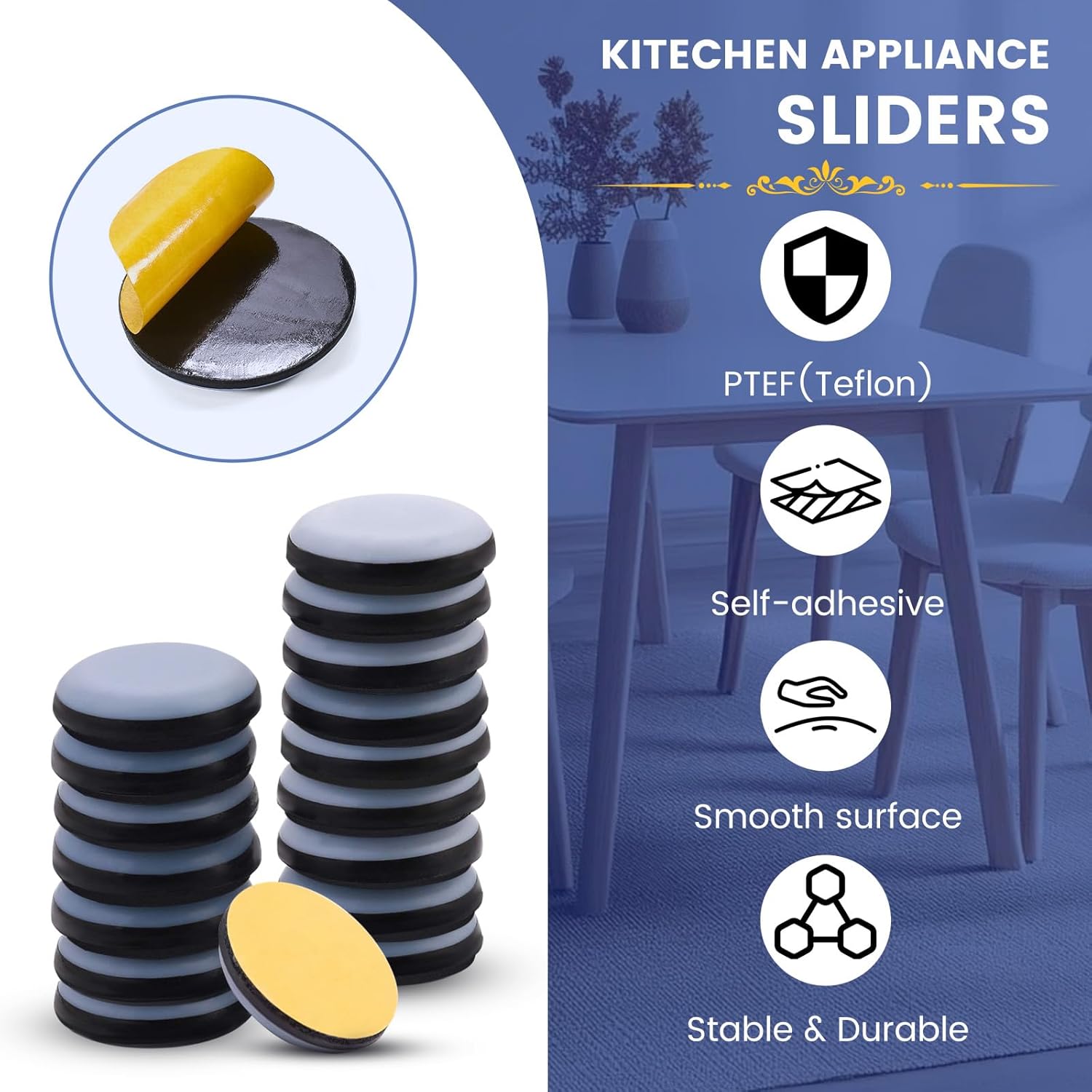20 Pieces Furniture Glides, Teflon Chair Glides, Self-Adhesive Furniture Slides, Chair Glides, Universal Furniture Glides for Dining Table and Chairs, 20 mm