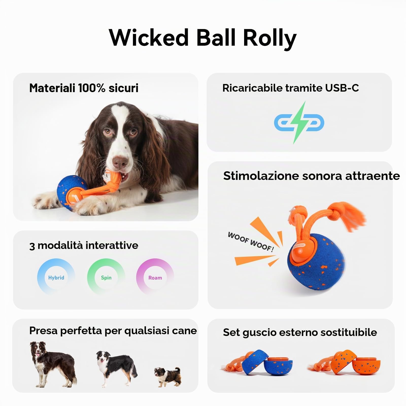 Cheerble Palla Interattiva per Cani - Wicked Ball Rolly con Coda & Abbai, Palla Automobile Rotolante 3 Modalità, E-TPU, Ricaricabile USB-C, per Cani di Taglia Media-Grande, Blu