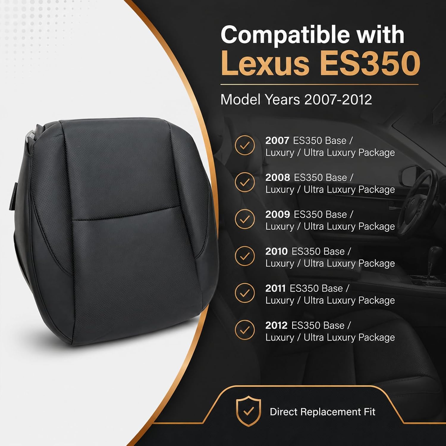 SecosAutoparts Driver Bottom Seat Cover Perforated Microfiber Leather Black Replacement Compatible with Lexus ES350 2007-2012 (Base/Luxury/Ultra Luxury) Heated & Power Seat Compatible