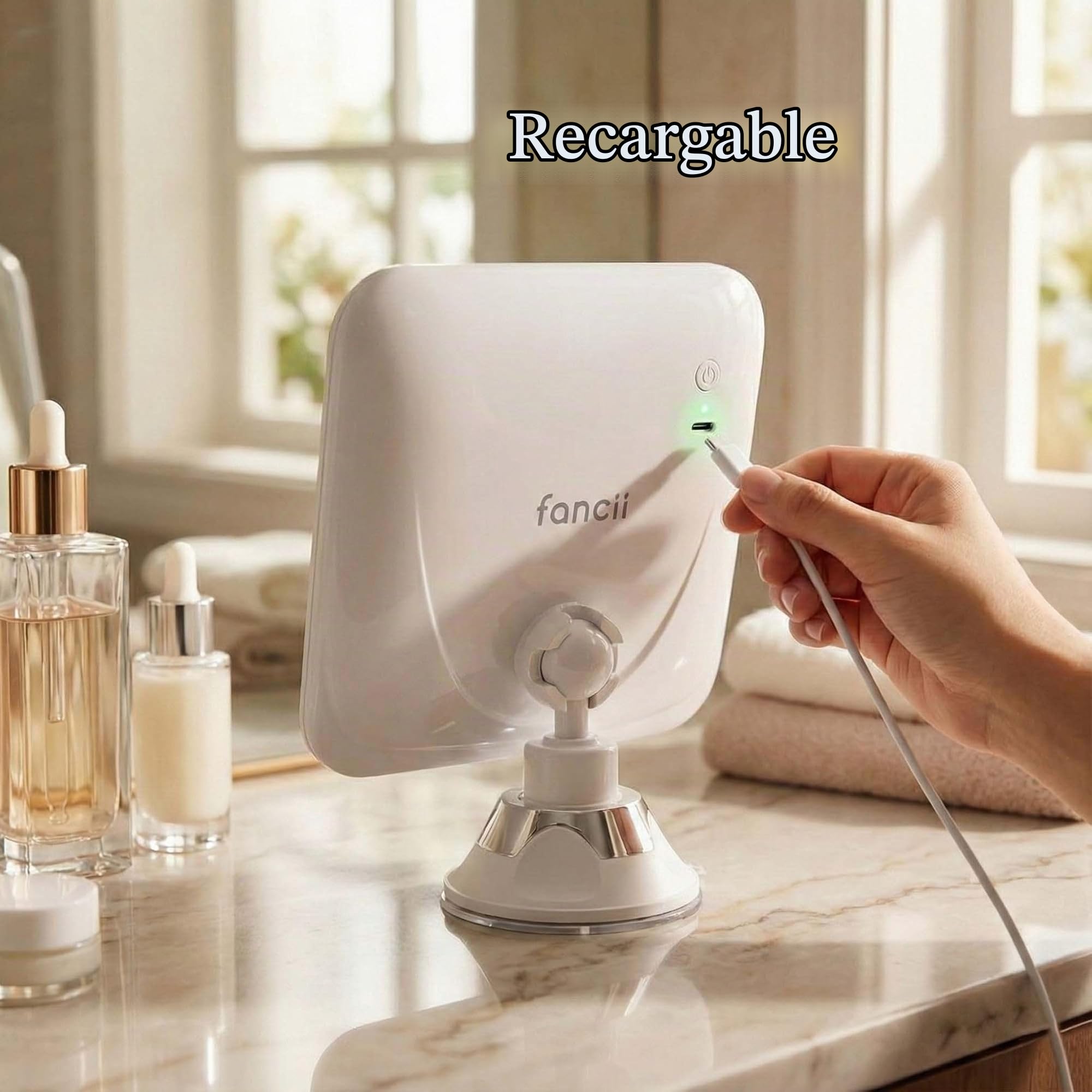 Fancii Espejo de Aumento 10x Recargable para Maquillaje con 3 Configuraciones de Luz LED - Táctil Regulable, Poderoso Ventosa - Espejo Iluminado de Baño (Mira 2)