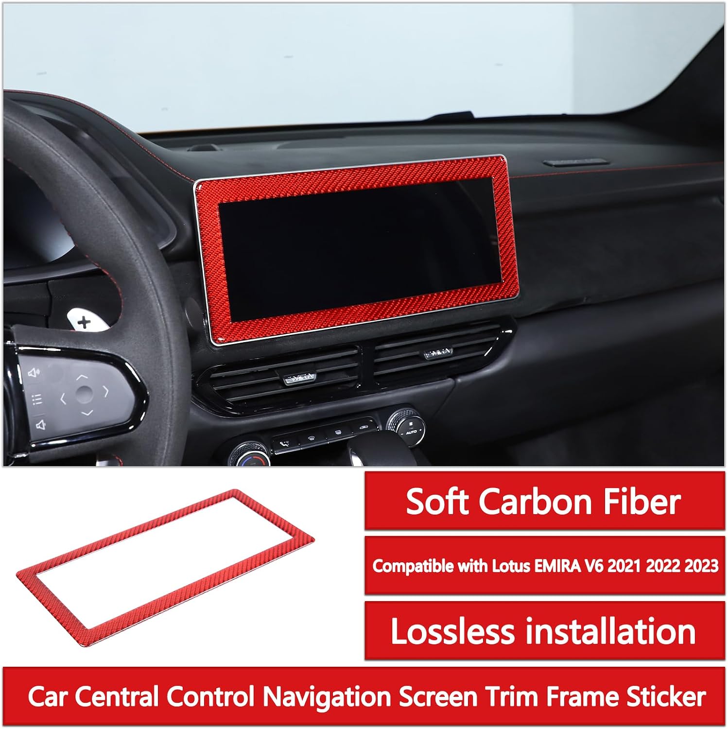Car Central Control Navigation Screen Trim Sticker Compatible with Lotus Emira V6 2021-2023 Soft Carbon Fiber 1PCS Center GPS Display Protection Frame Trim Accessories (Red Carbon)