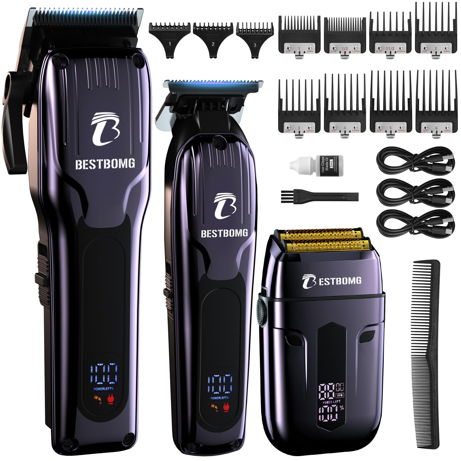 Hair Clippers for Men Professional Hair Clippers, Beard Trimmer& Rechargeable Shaver Set, Metal T-Blade, LED Display