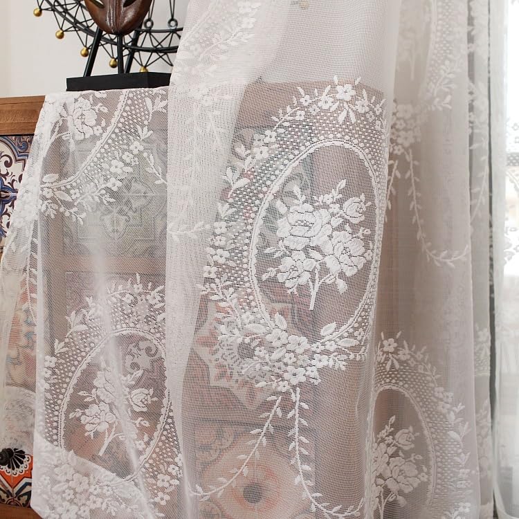 Jayla White Lace Curtains 90 Inches Long Sheer Rose Floral Embroidery Vintage Voile Window Treatment Pair for Bedroom Living Room, Rod Pocket 2 Panels