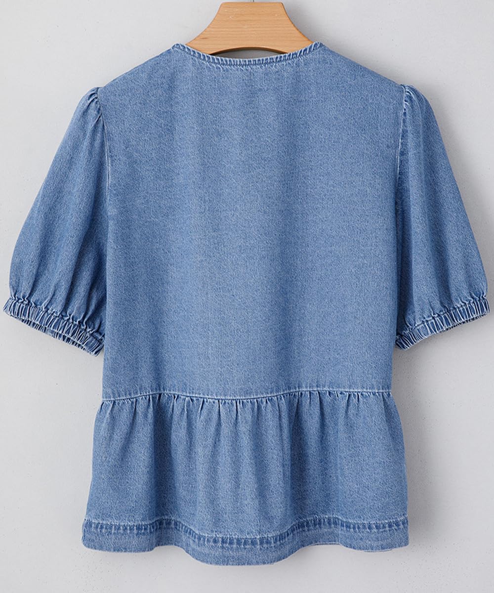 Denim Chemises pour Les Femmes à la Mode Round Neck Pullover Lace Up Puff Manches Courtes Lavé Chambray Blouse Tops