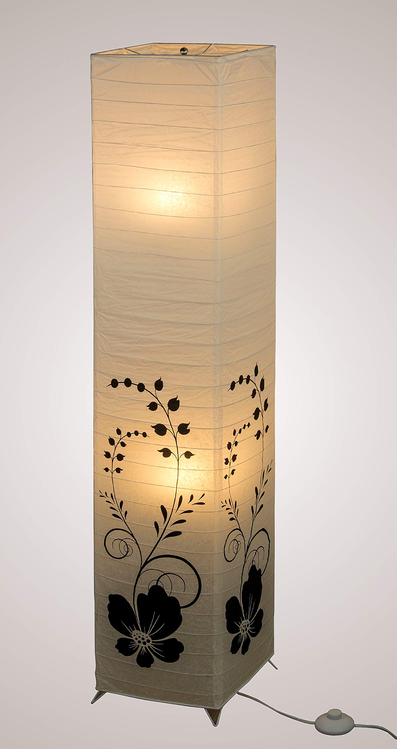 Trango 1210L Design Stehlampe *GREECE* Reispapierlampe *HANDMADE* in weiß mit floralem Motiv I inkl. 2x E14 LED Leuchtmittel I Form: eckig I Höhe: ca. 125cm I Wohnraumlampe I Stehleuchte I Reispapier