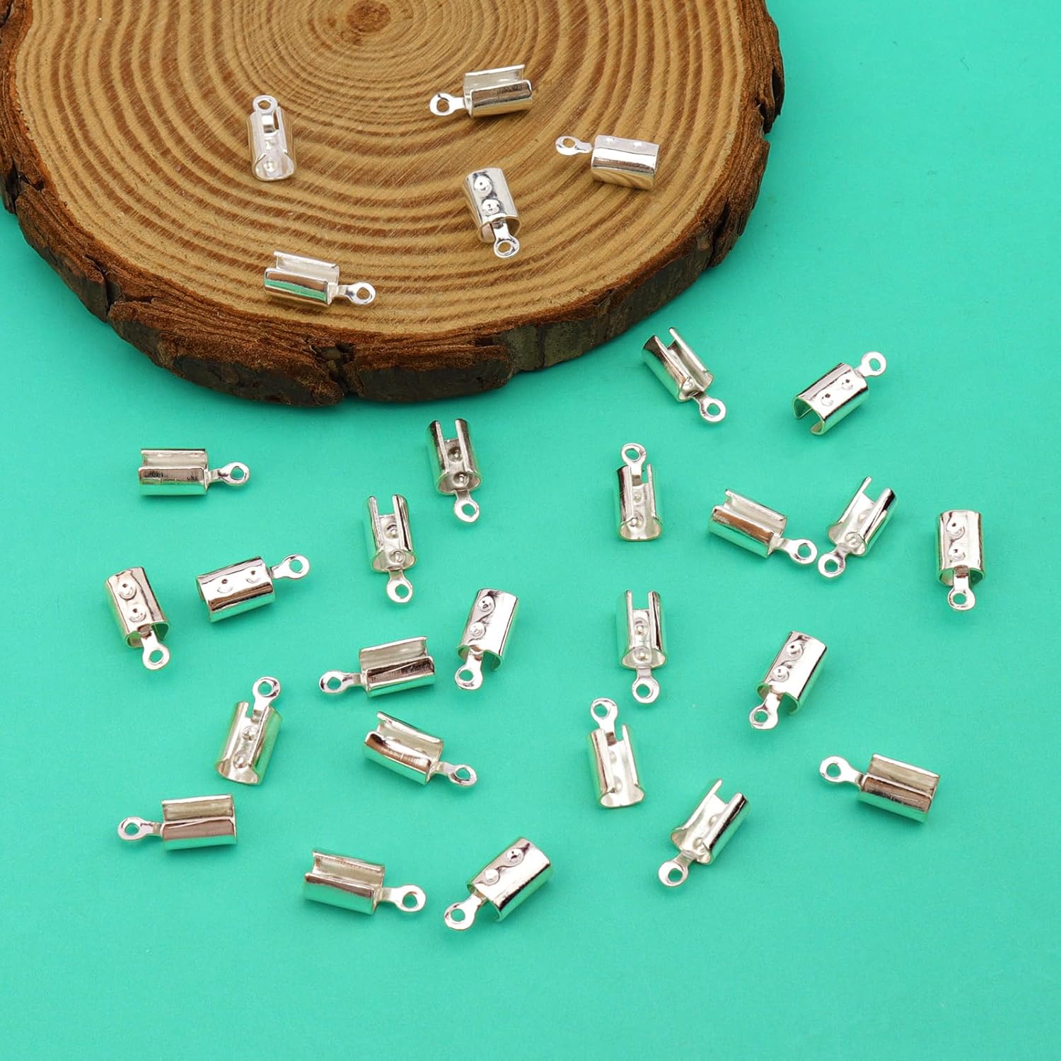 200pcs Fold Over Cord Ends Crimp End Tips Stainless Steel Cord Crimp End Tips Leather Ribbon Ending Clasp Tips Jewelry Connector for Bracelets Leather Jewelry Making(Silver) - Image 3