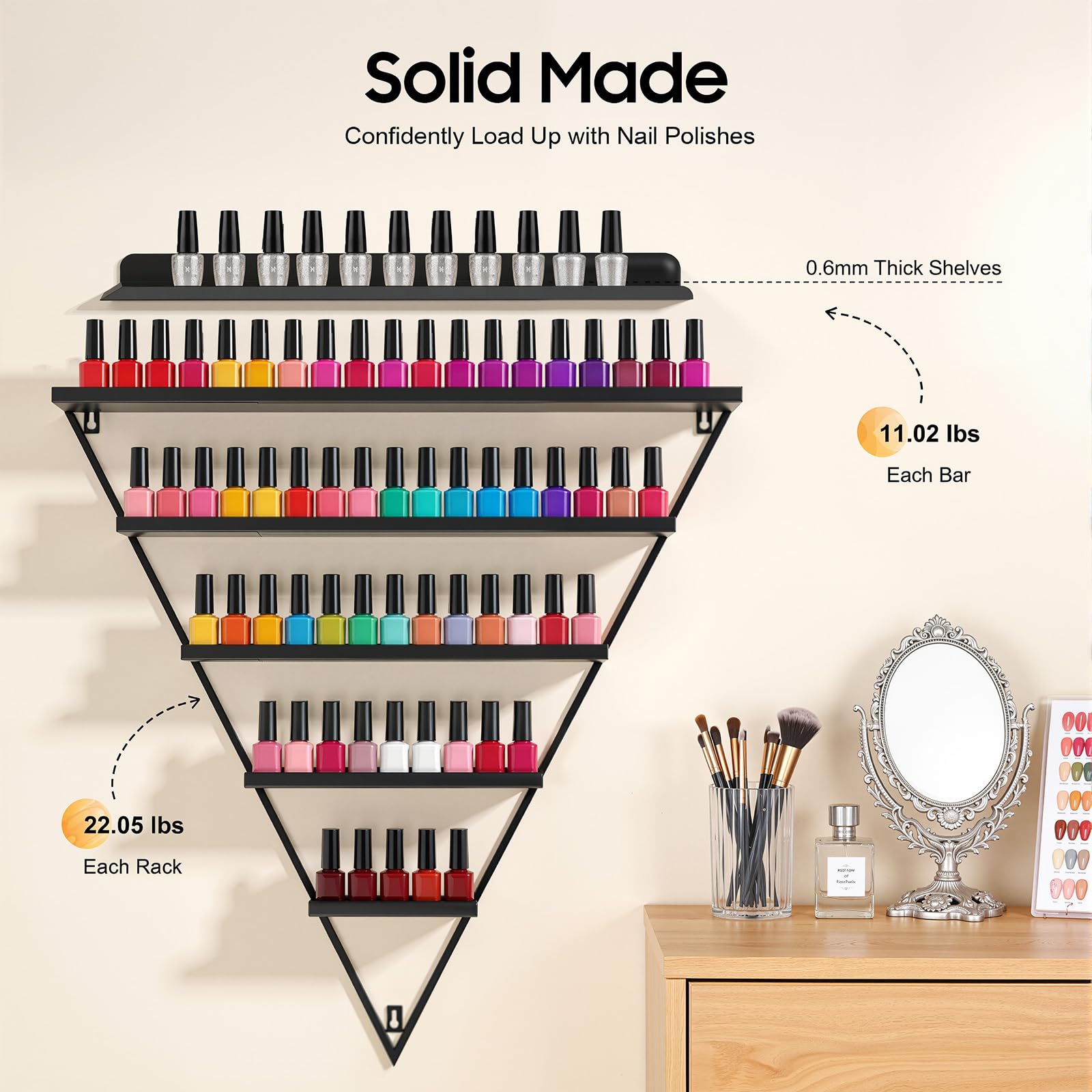 Nagellackregal Nagellack Display Regale Wandmontierte Metall Nagellack Organizer Nagellackspeicher, 3-Set 5-Tier dreieckige Regale Nagellackständer für Nagelstudios, Salons, 66 × 7 × 70 cm