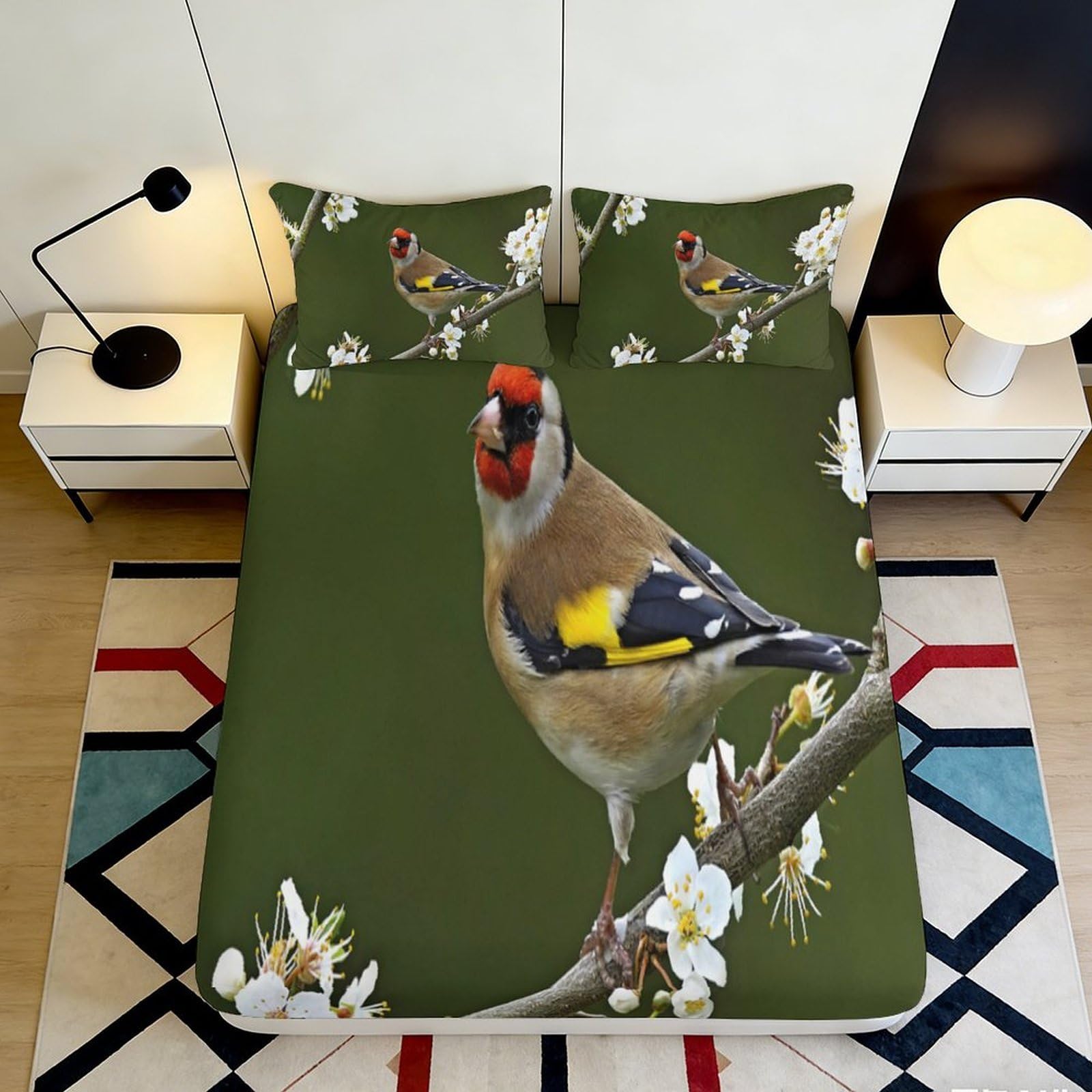 3D Printed Goldfinch Blossom Fitted Sheet Microfiber Soft Breathable Bird Branch Bed Cover for Bedroom Dorm Decor 90x200x25cm