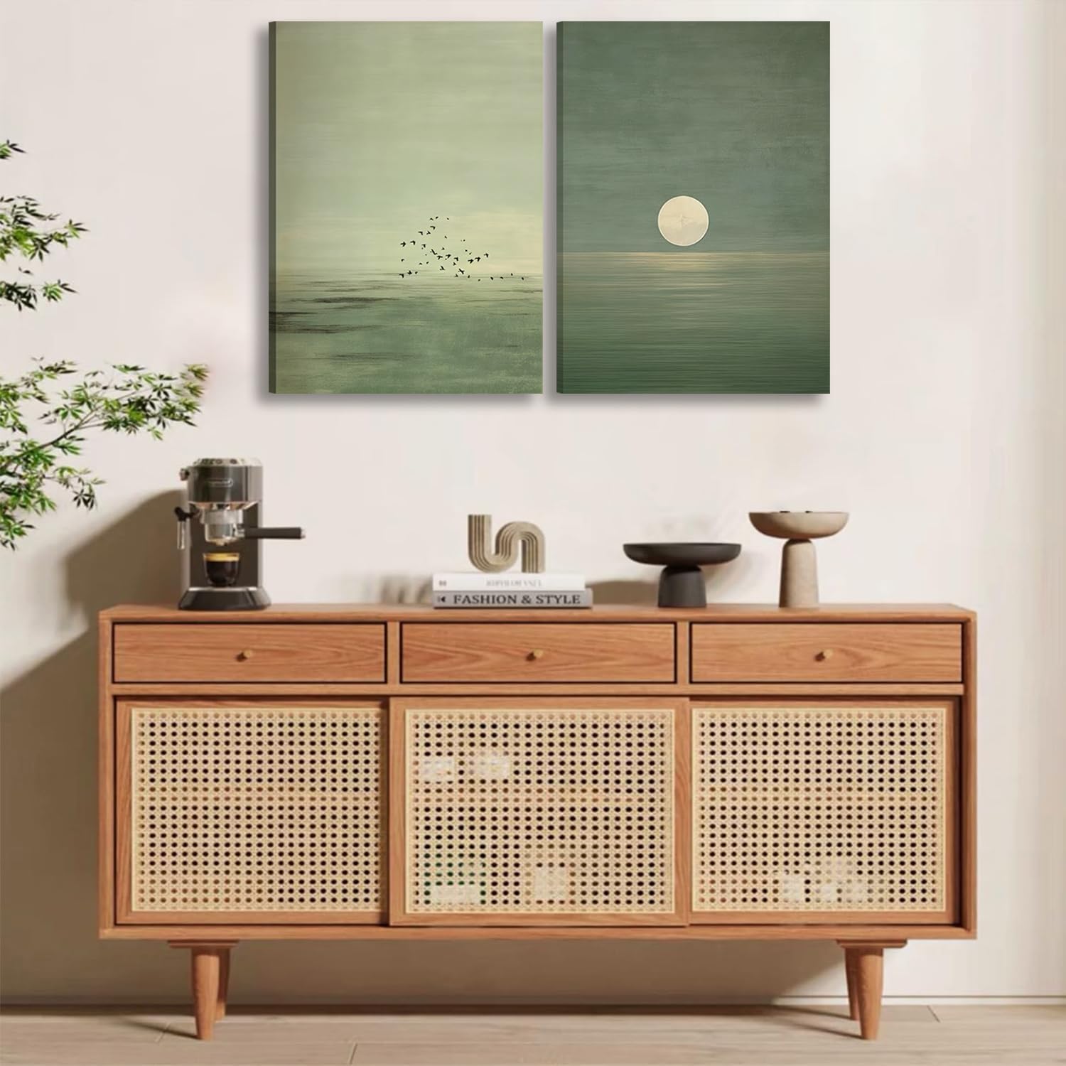 2Pcs Japanese Sage Green Canvas Wall Art Minimalist Moon and Bird Wall Decor Pictures Japanese Landscape Posters Prints for Living Room Bedroom Office Zen Home Decoration 16X24in Ready to Hang