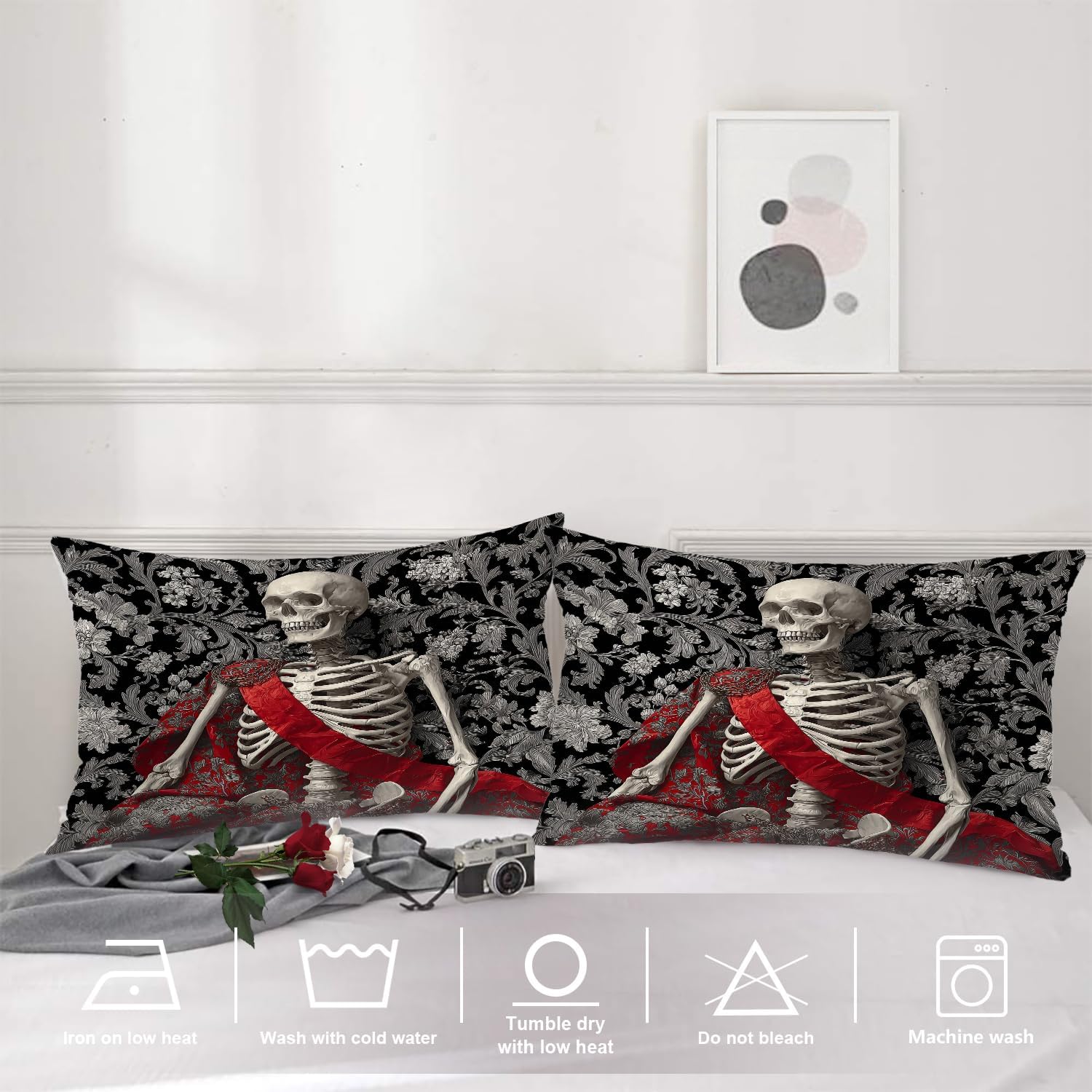 Shrahala Black Velvet Pearl White Blood Red Pillowcases, Skeleton