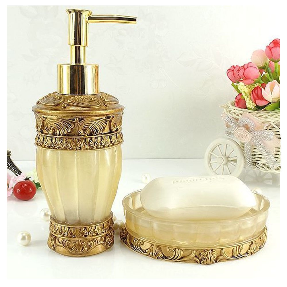 LUANT Vintage Golden Badezimmerzubehör, 5-teiliges Badezimmerzubehör-Set, Badezimmer-Set, Seifenspender, Zahnbürstenhalter, Becher & Seifenschale – Golden glänzend – Bad-Geschenkset