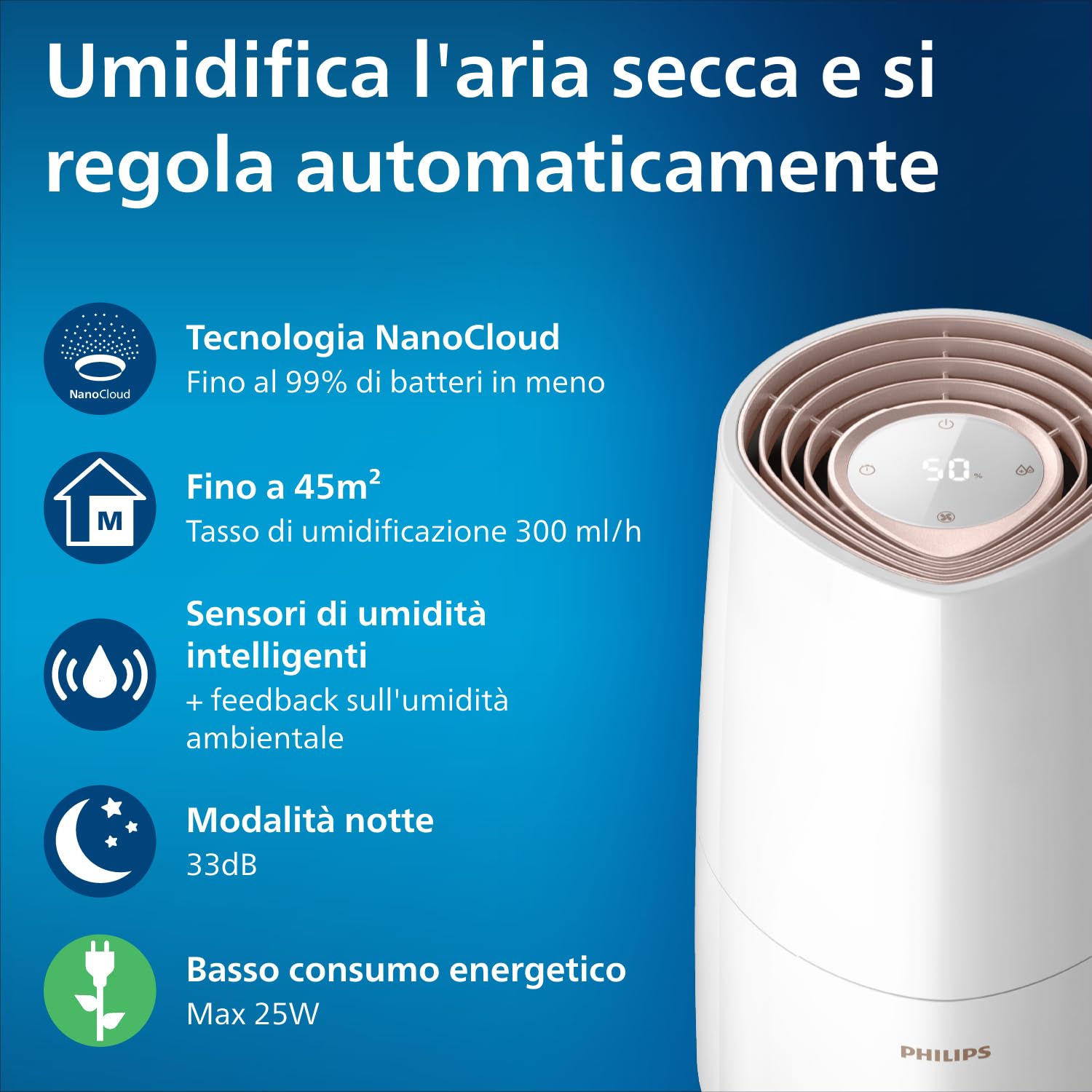Philips 3000 Series Umidificatore D'aria - 45m² Umidificatore d'ambiente, NanoCloud, 3 Velocità, Modalità Sleep, Serbatoio 2 litri (HU3916/10)