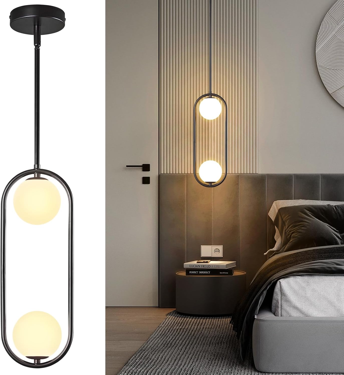 modern black globe pendant light mid century chandelier 2-light ceiling hanging lighting fixture with white globe glass lampshade for kitchen island dining room bedroom (1 pack)