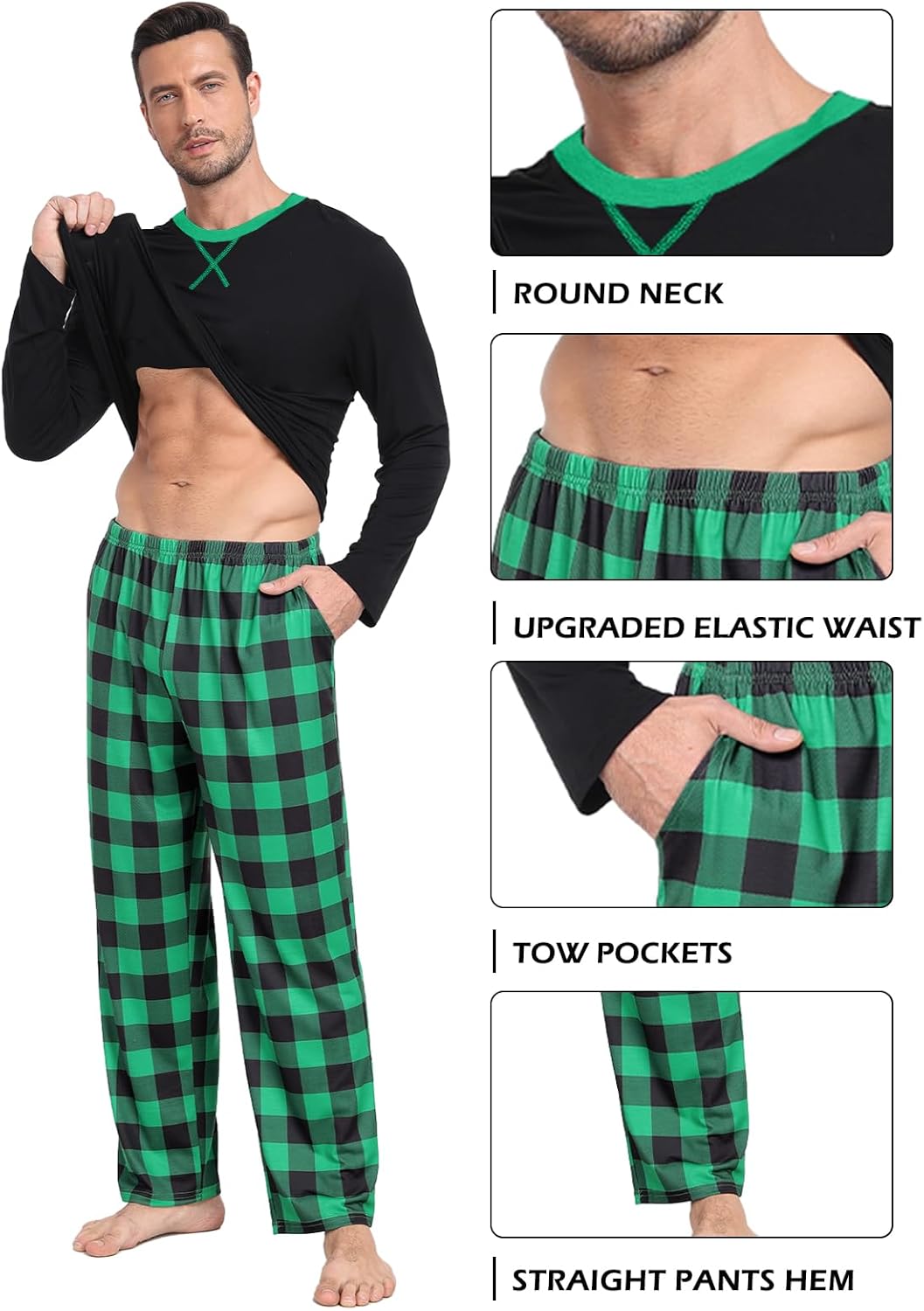 Men & Women Pajama for Couples Christmas Pajama Set Long Sleeve Sleepwear with Pockets Black & Green Plaid L - Image 4