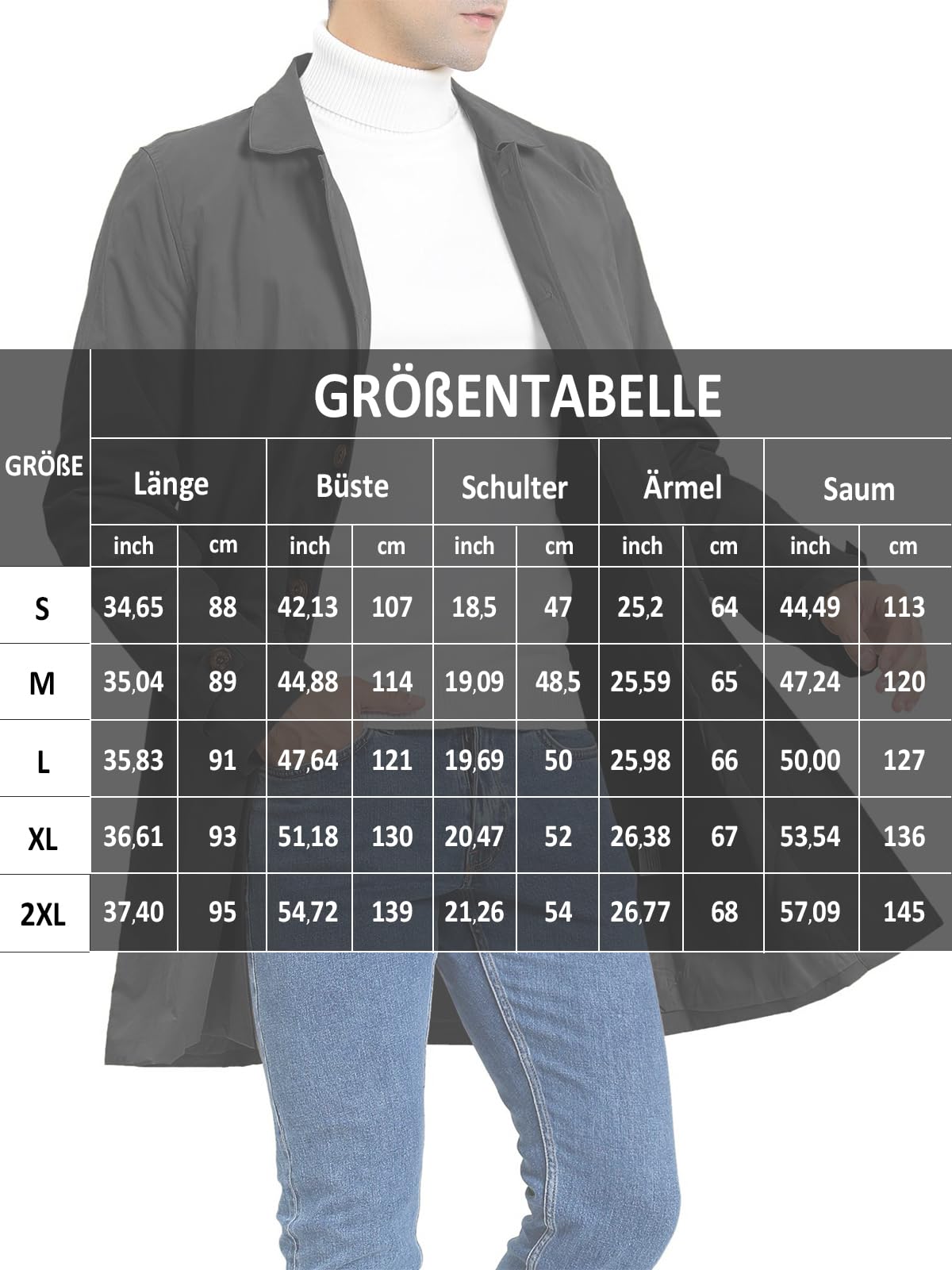 Herren Trenchcoat Einreihig Lang Mantel Leichter Revers Herbst Winter Jacke Übergangsjacke