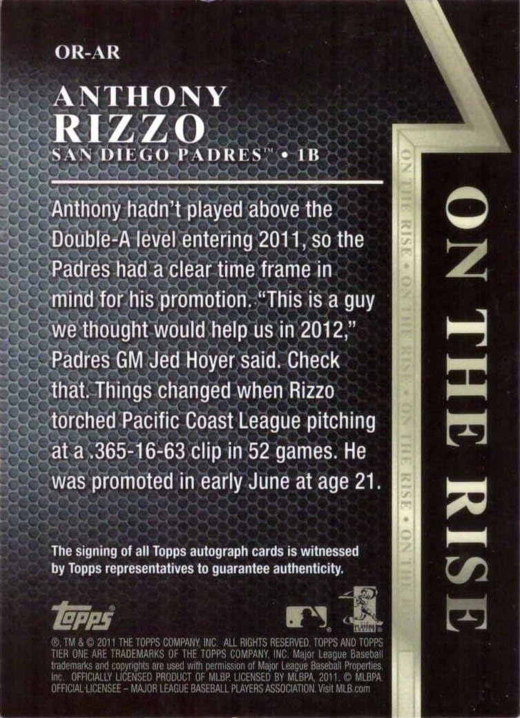 2011 Topps Tier One #OR-AR Anthony Rizzo Certified Autograph Baseball Card from Rookie Season - Only 999 made!