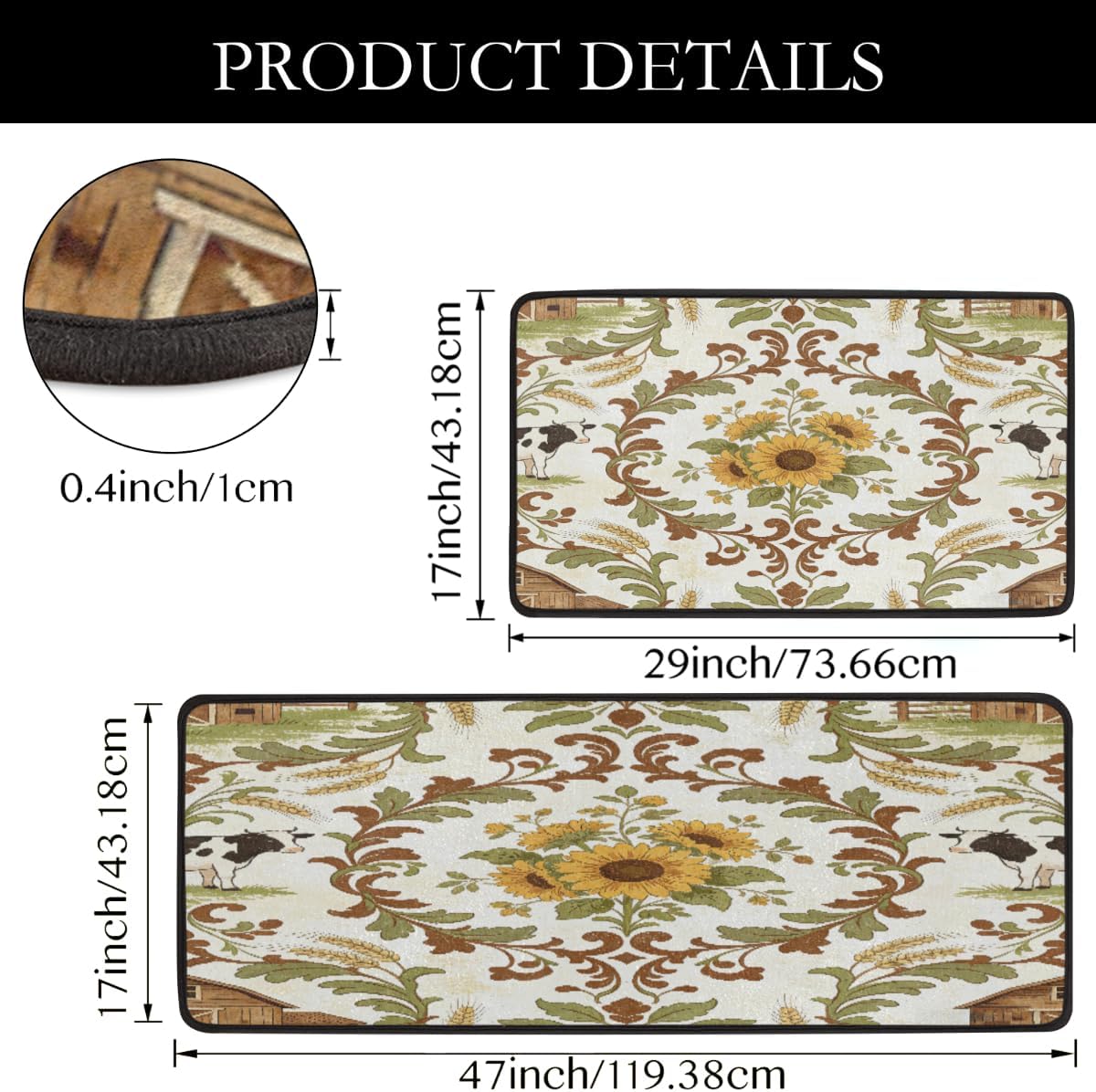 Anti Fatigue Sunflower Cow Baroque Print Kitchen Mats for Floor 2 Piece Set, Waterproof Non Slip Boho Kitchen Floor Rugs, Comfort Standing Mat for Sink Laundry & Home Kitchen 17"x47"+17"x29"