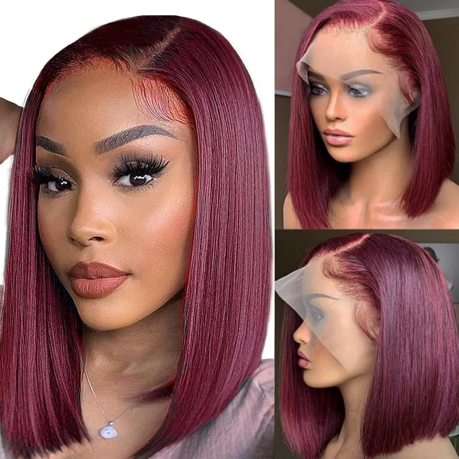 99J Burgundy Lace Frontal Bob Wig Human Hair Pre Plucked 14 Inch Lace Front Bob Wigs Human Hair 13x4 HD Wigs for Women Wine Red Color (14 Inch, Burgundy 99J)