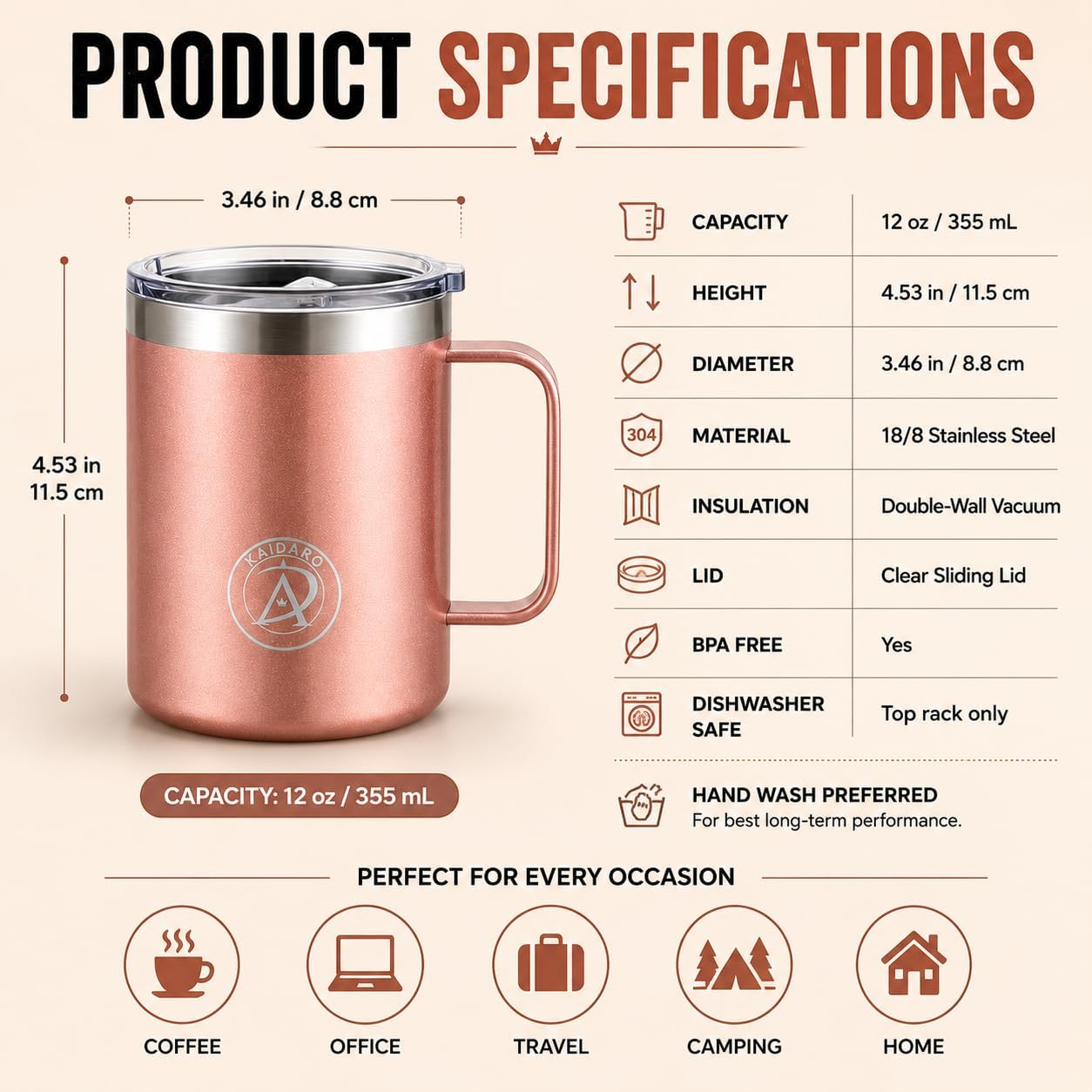 Stainless Steel Coffee Mug 12oz, Double Wall Insulated Coffee Mug with Handle, Thermal Cup for Hot and Cold Drinks, Reusable Metal Drinkware with Durable Powder Coated Finish