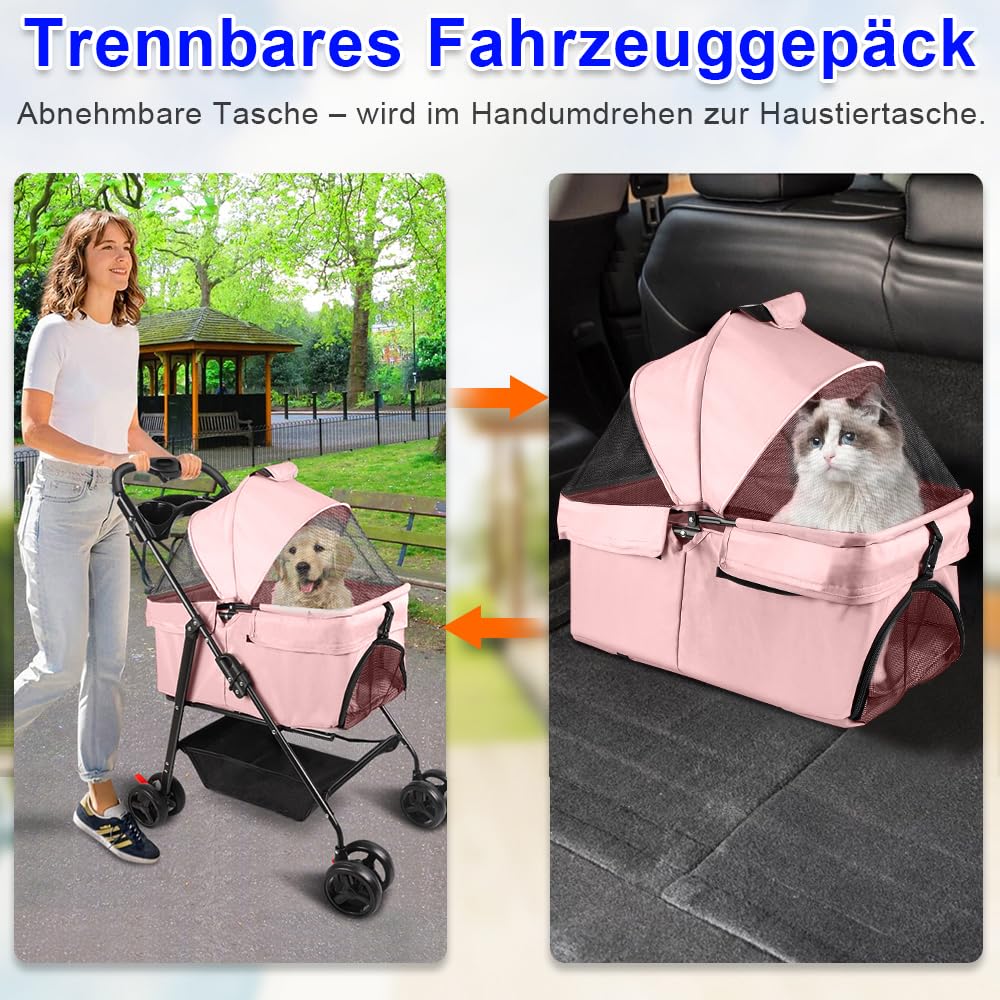 Carrito plegable para mascotas, carrito plegable impermeable para perros y gatos, techo extraíble incluido, portavasos, cesta de almacenamiento, ruedas con freno, 50 x 65 x 99 cm (rosa)