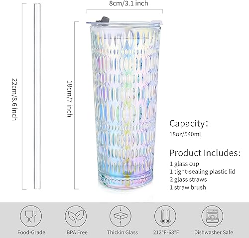 Miniatura 2 de Puraville Vaso de vidrio de 18 onzas con tapa y pajilla, cristalería gruesa con patrón de diamante vintage para whisky, cóctel, cerveza, vaso de