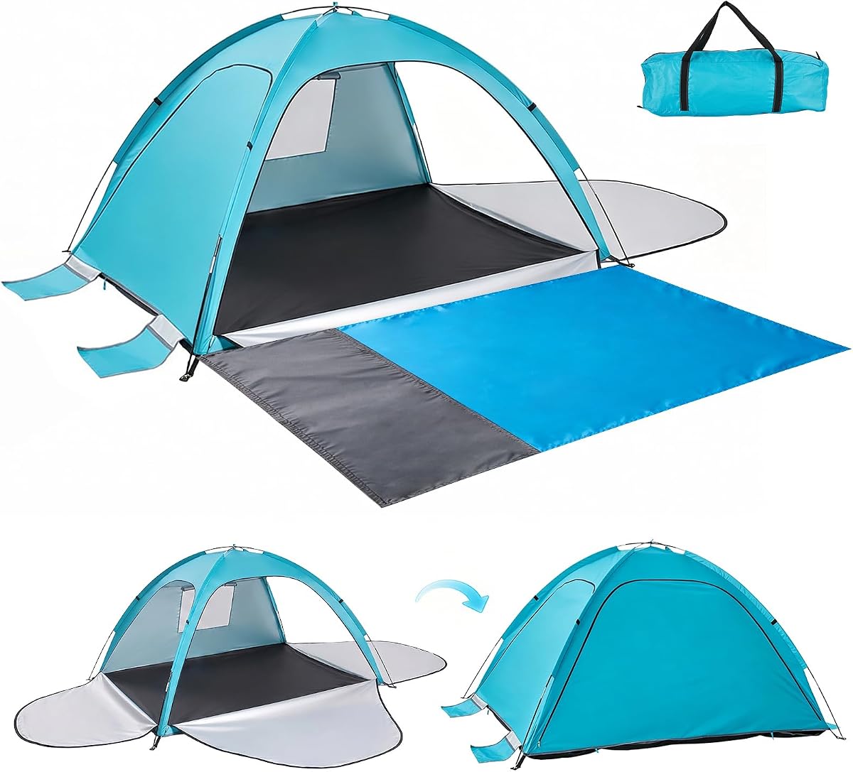 Tienda de playa refugio solar con tapete de arena extendido - Protección UV UPF 50+ | Tienda de sombra de playa de fácil instalación de 3 puertas, cabaña de playa portátil para 3-4 personas