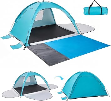 Beach Tent Sun Shelter with Extended Sand Mat - UPF 50+ UV Protection,3 Doors Easy Set up Beach Shade Tent, Portable Beach Cabana for 3-4 Person