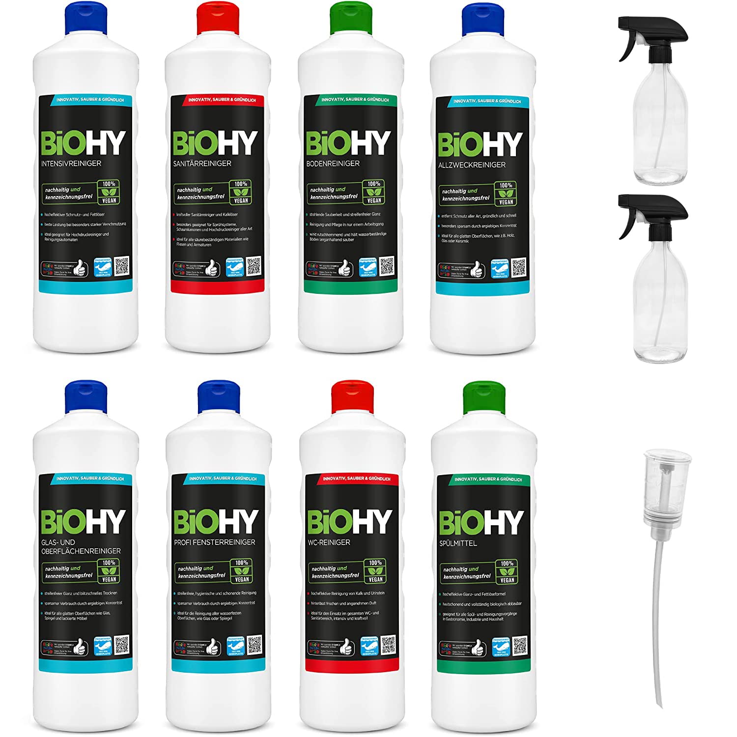 Juego completo BiOHY con dispensador y 2 botellas de vidrio con pulverizador de 500 ml (8 x 1 L) | Limpiador de baños, ventanas y suelos | Potente | Eficaz | Limpiador ecológico