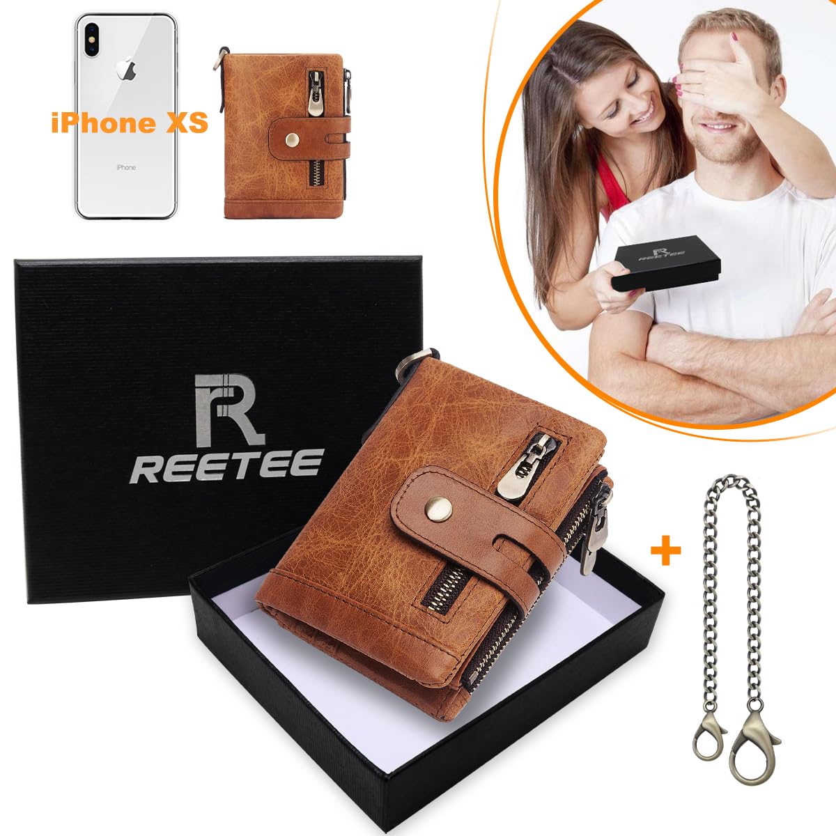 REETEE Portefeuille Homme en Cuir Blocage RFID Porte Monnaie Homme 16 Fentes pour Cartes Fermeture Eclair Poche à Monnaie avec Chaine Porte-Monnaie Classique (Marron Clair) …