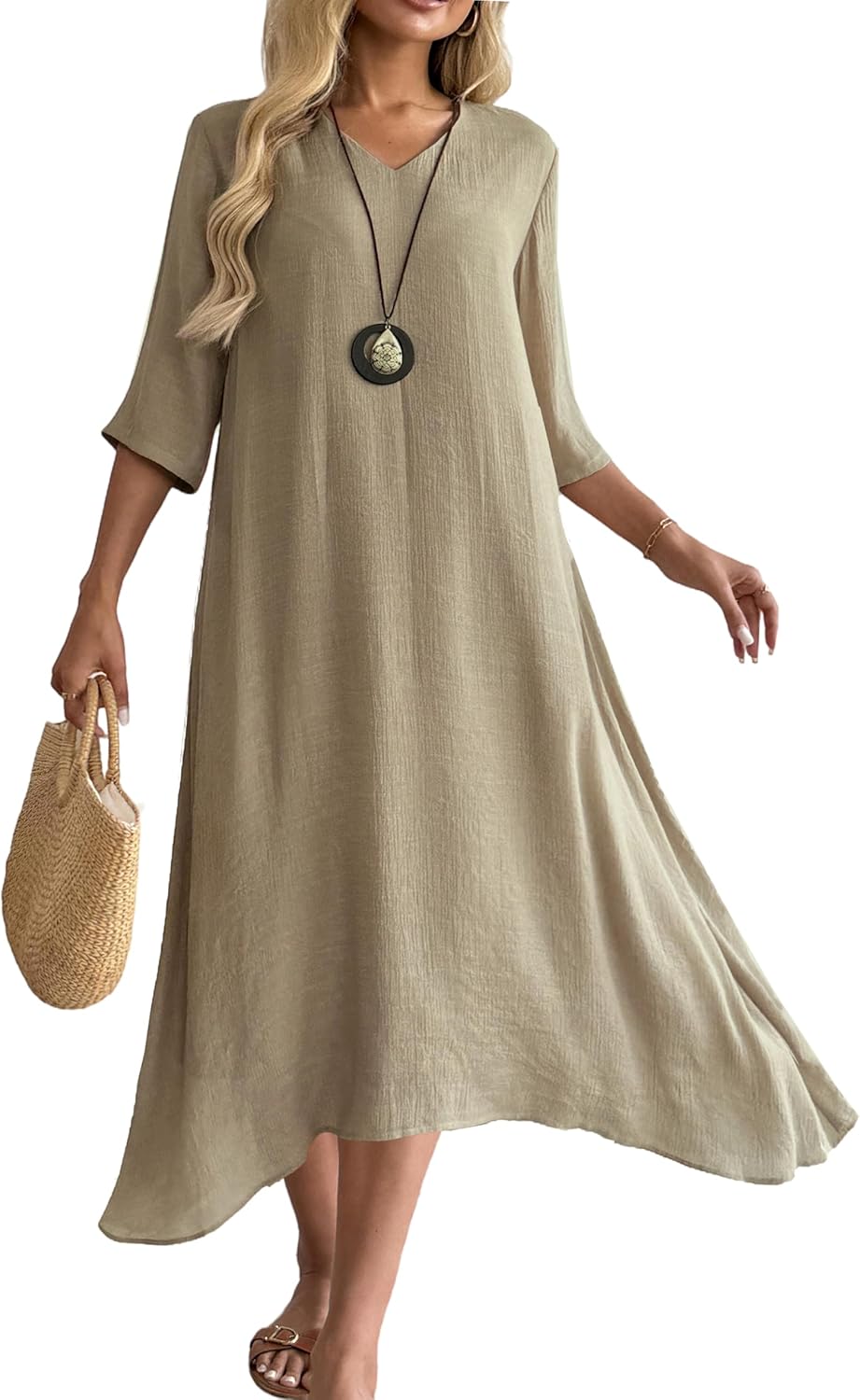 heipeiwa Women's Linen Dresses 3/4 Sleeve A-Line Casual Flowy Elegant Loose Vacation Formal Midi Maxi Dress