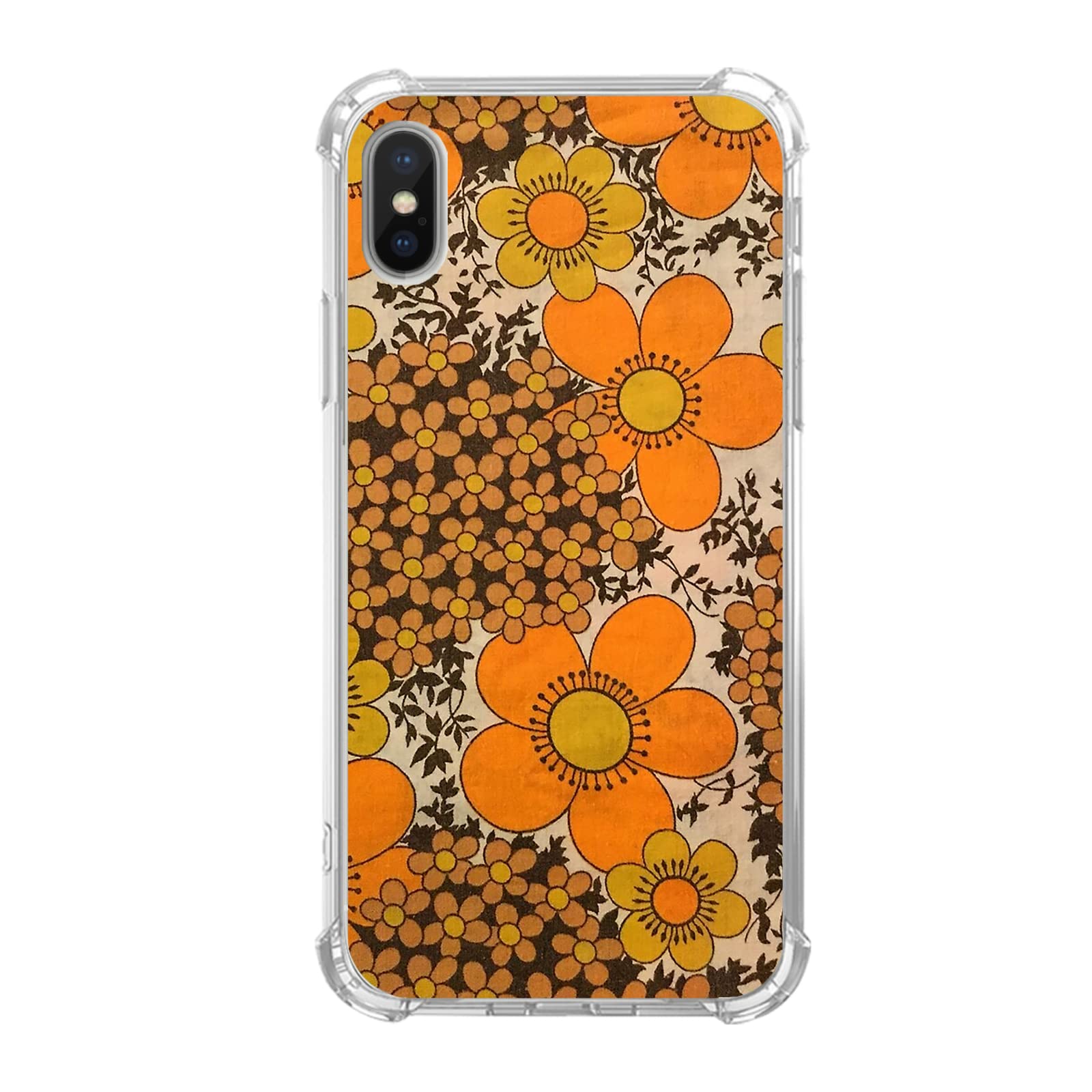 Retro 70s Hippie Floral Flowers Pattern Phone Case Compatible with iPhone Xs/iPhone X, Orange Flowers Collage Case for iPhone Xs/iPhone X, Unique Trendy Design TPU Bumper Cover Case