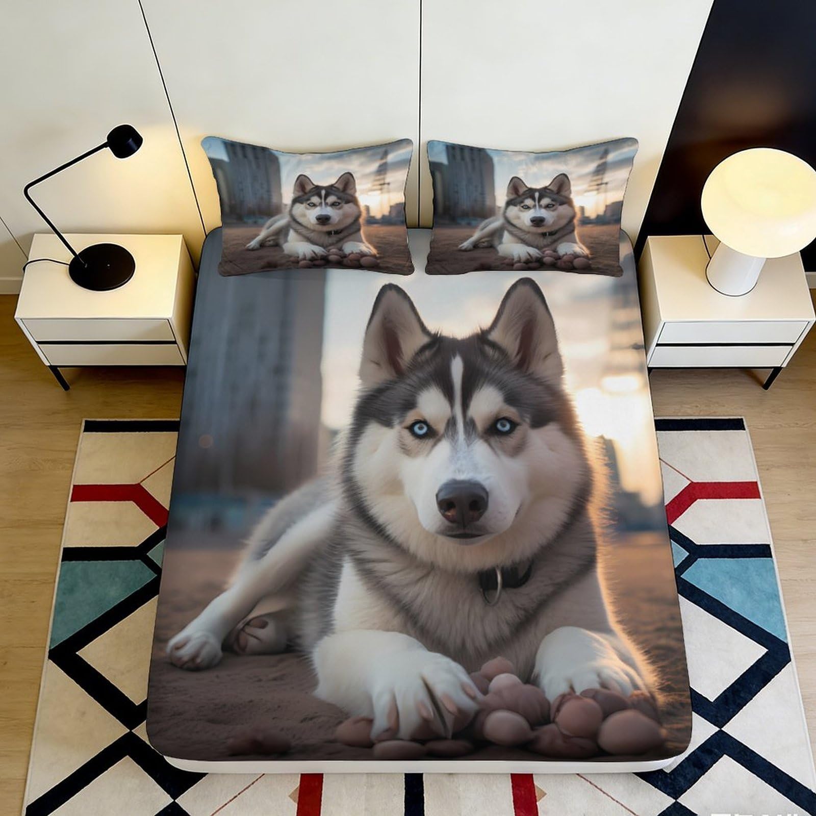 3D Printed Husky Dog Fitted Sheet Microfiber Soft Breathable Sunset City Mattress Cover for Bedroom Dorm Decor 200x200x25cm