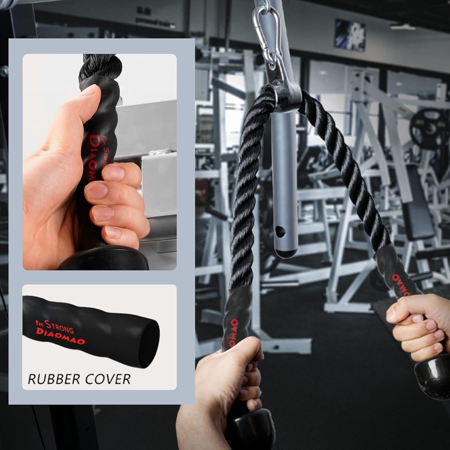 Diaomao Upgraded Tricep Pull Down Rope - Tricep Rope Cable Attachment 35 Inch with Rubber Pad - Stainless Steel Carabiner Clips - Great for Cable Pulley System Home Gym