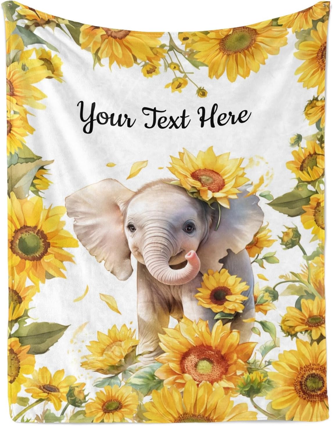 Sunflower Elephant Blanket, Custom Blanket with Name Text, Personalized Blankets for Sofa Bedroom Living Room Office, 50x60 Inches