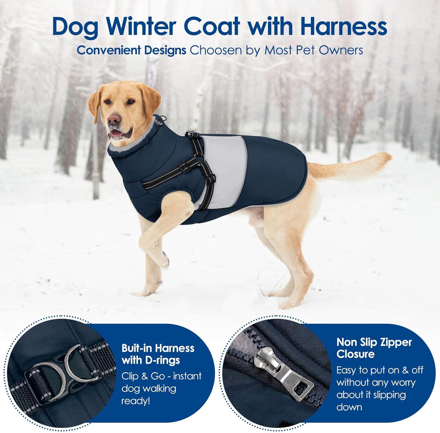 KOESON Dog Coat, Warm Dog Winter Jacket with Harness Built-in for Easy Walk, Fleece Lined Cold Weather Coat for Medium Dogs, Waterproof Puffer Jacket for French Bulldog, Corgi, Beagle, Navy Blue M