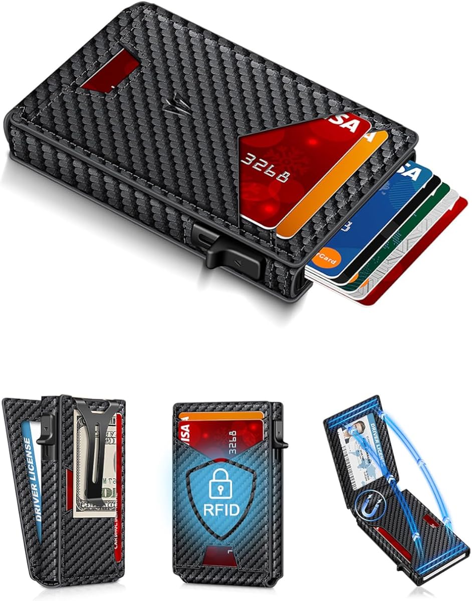 Wallet for Men, Slim Minimalist Wallet with Money Clip ＆ ID Window, RFID Blocking Pop Up Credit Card Holder, Smart Aluminum Mens Wallet Holds 9-13 Cards, Front Pocket Bifold, Birthday Gifts for Men