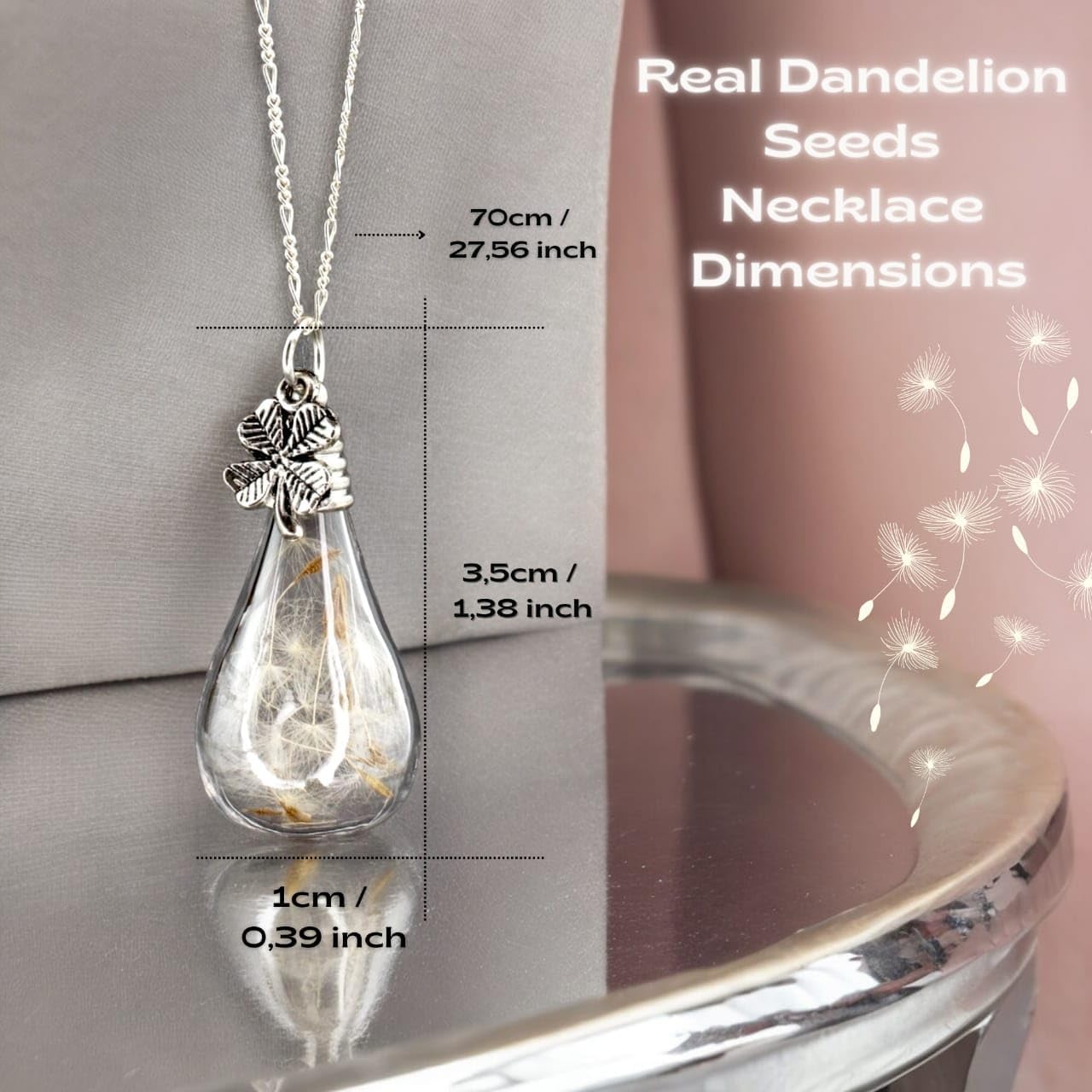 MadamLili Dandelion Necklace | Four Leaf Clover Pendant with Real Dandelion Seeds | 925 Sterling Silver Jewelry | Handmade Necklace for Women | Unique Birthday Gift for Her & Mom - Image 2