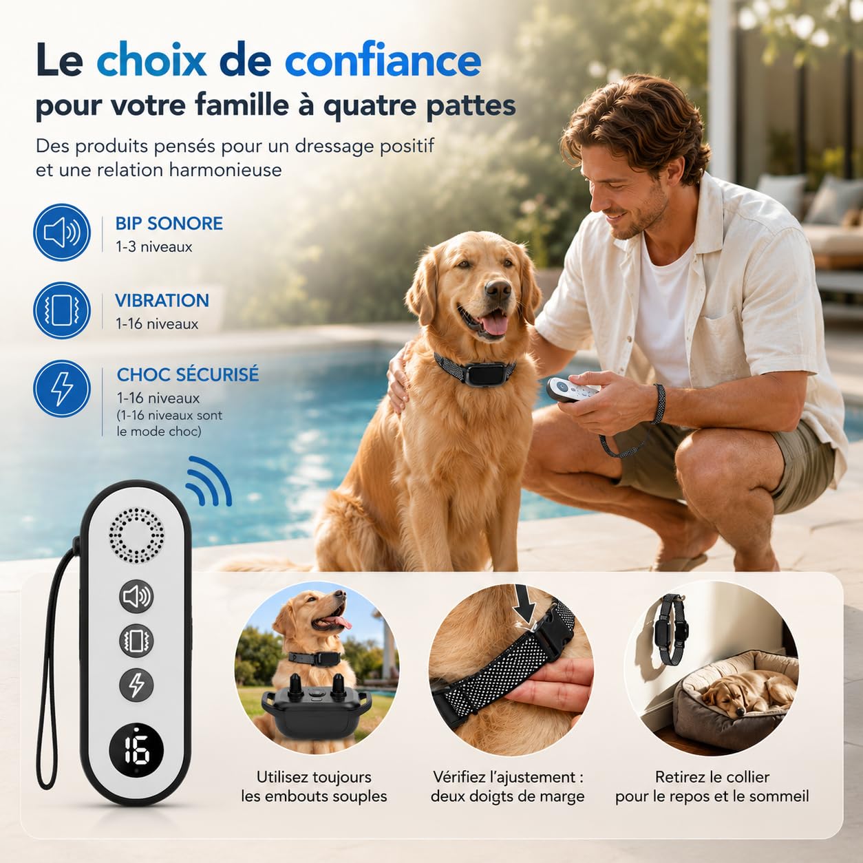 Collier Dressage Electrique Chien Portée 1200m, Collier Anti-Aboiement | 1-16 Niveaux Entraînement, Étanche Rechargeable, 3 Modes de Dressage BIP Vibration Choc, Adapté à Tous Les Chiens