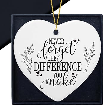 Thank You Gifts Ornament, Never Forget The Difference You Made Christmas Ornament, Farewell Going Away Goodbye Retirement Gifts for Women Men Coworker Friends, Ceramic Heart Christmas Ornament
